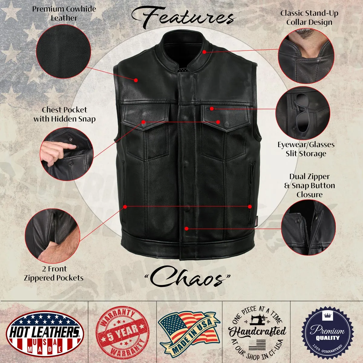 Hot Leathers VSM5004 USA Made Men's 'Chaos' Black Premium Dual Closure Leather Vest