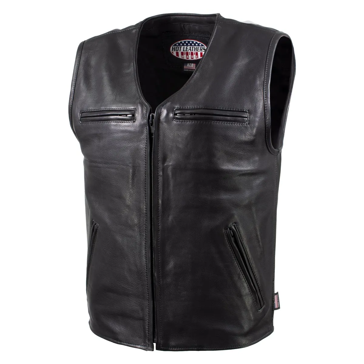 Hot Leathers VSM5009 USA Made Men's 'Slinger' Black V-Neck Premium Leather Zippered Vest