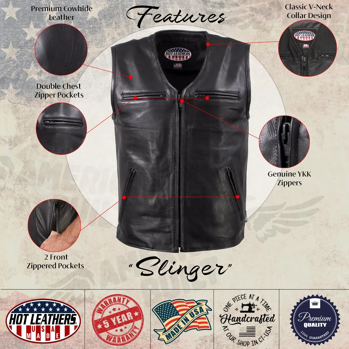 Hot Leathers VSM5009 USA Made Men's 'Slinger' Black V-Neck Premium Leather Zippered Vest