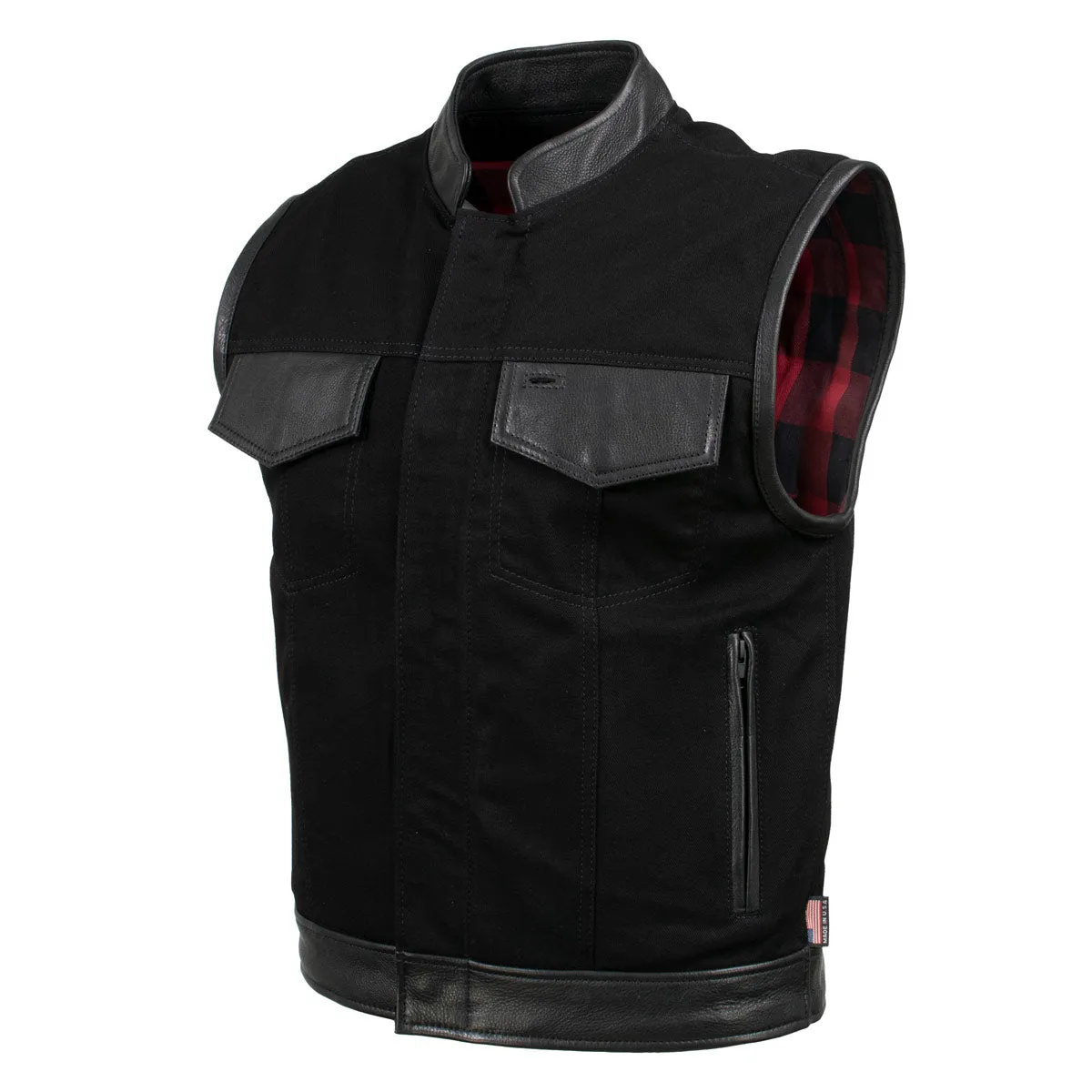 Hot Leathers VSM5101 USA Made Men's 'Burn Out' Black Denim and Leather Vest with Plaid Red Lining