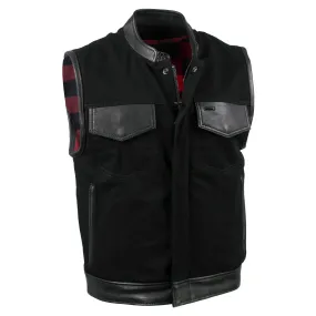 Hot Leathers VSM5101 USA Made Men's 'Burn Out' Black Denim and Leather Vest with Plaid Red Lining