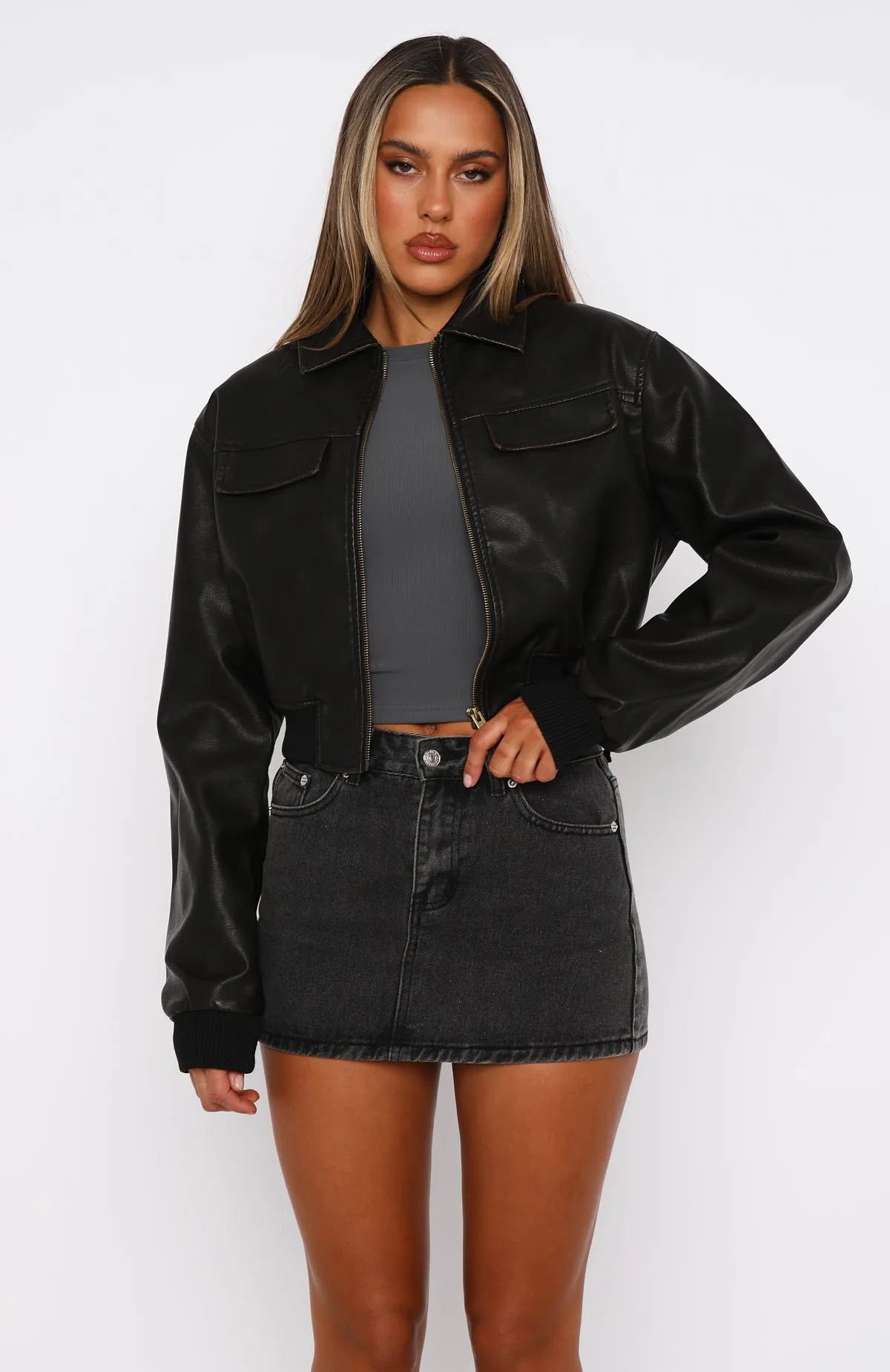 Jaded Nights PU Bomber Jacket Dark Chocolate