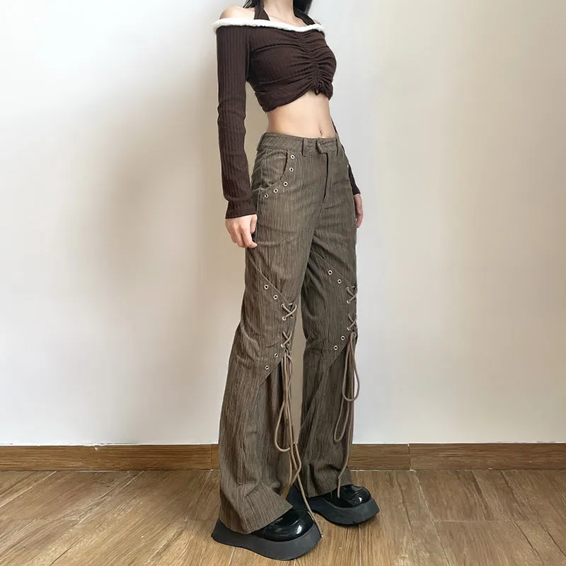 Joskaa skater boy outfits Kelio New Corduroy Loose High Waist Trousers Women's Niche Lace-up Straight Pants