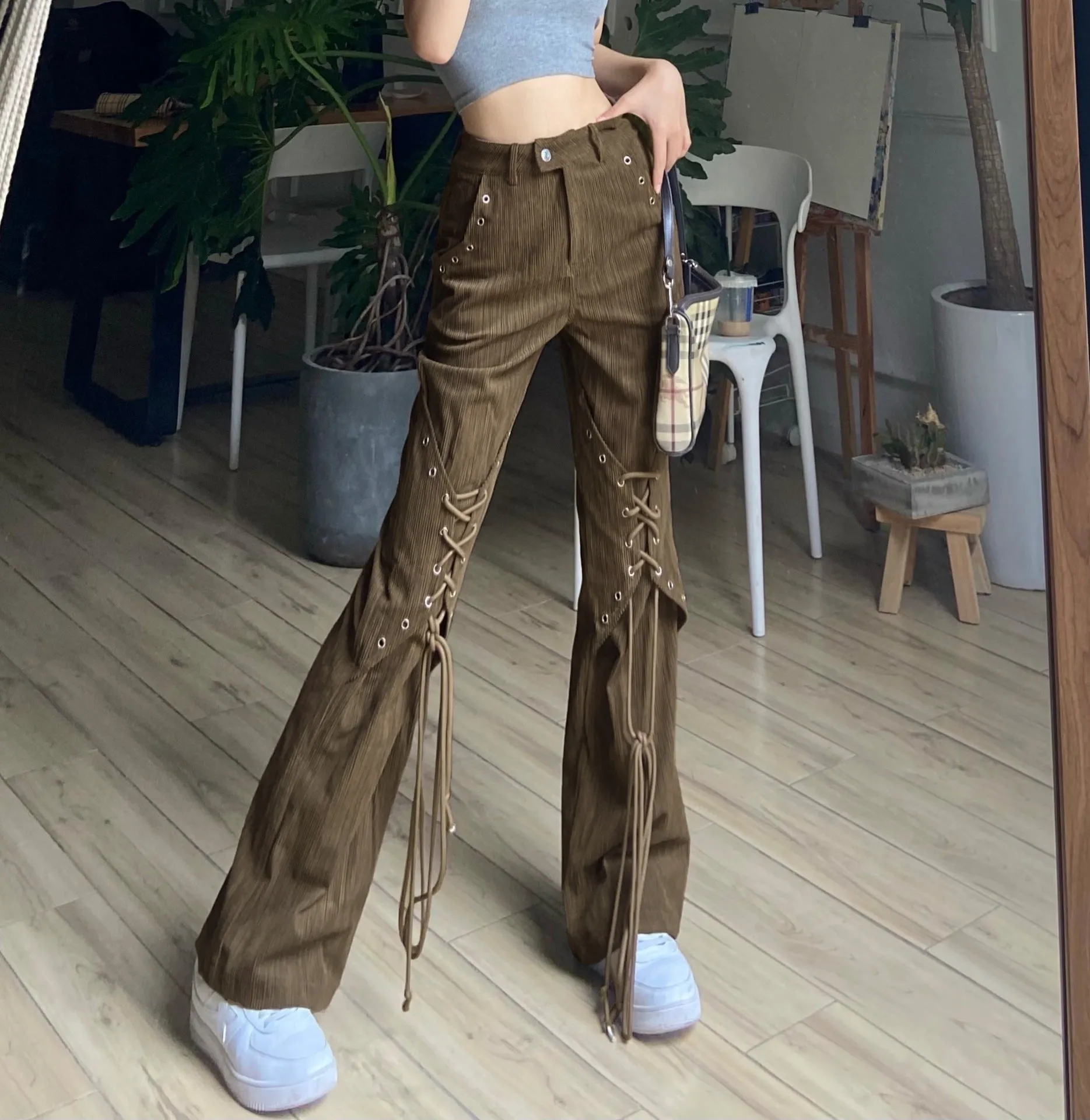 Joskaa skater boy outfits Kelio New Corduroy Loose High Waist Trousers Women's Niche Lace-up Straight Pants