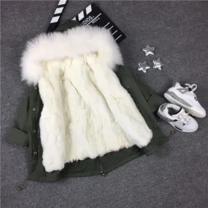 Kids Green Parka - White Fur