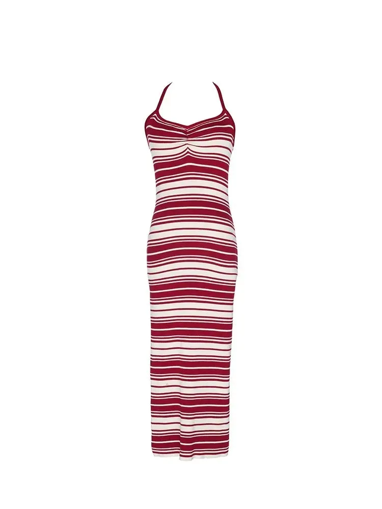 Ladies Striped Knit Bodycon Dress Women Y2K Basic Sexy Sleeveless Spaghetti Strap Party Beach Midi Women Sweater Dress C-014