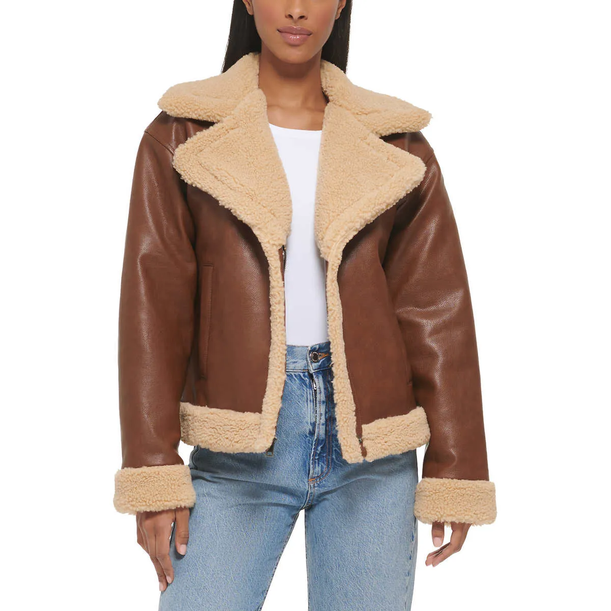 Levi's Women's Faux Leather Sherpa Trim Trucker Jacket