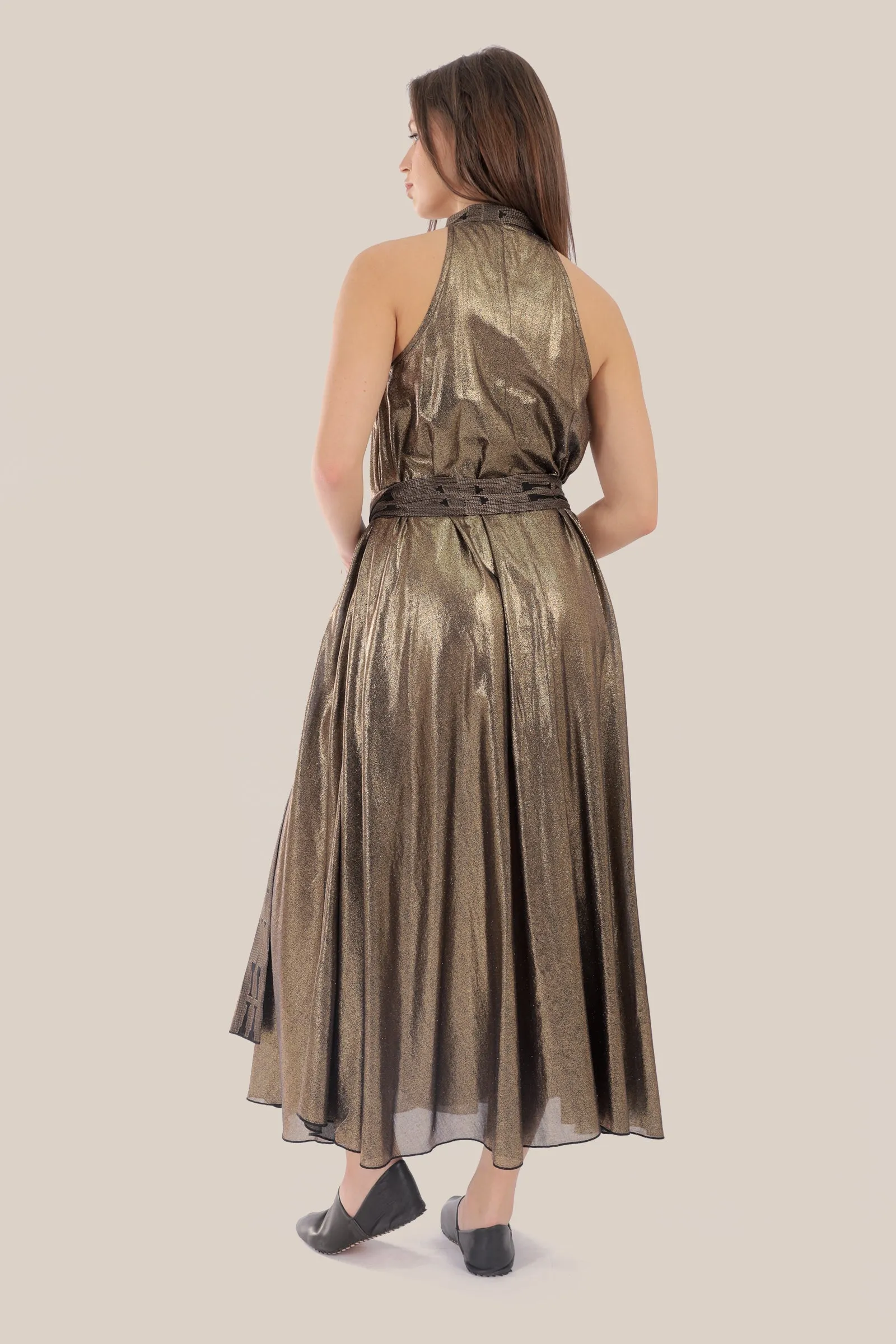 Long wrap doubleface dress in metallic foil voile