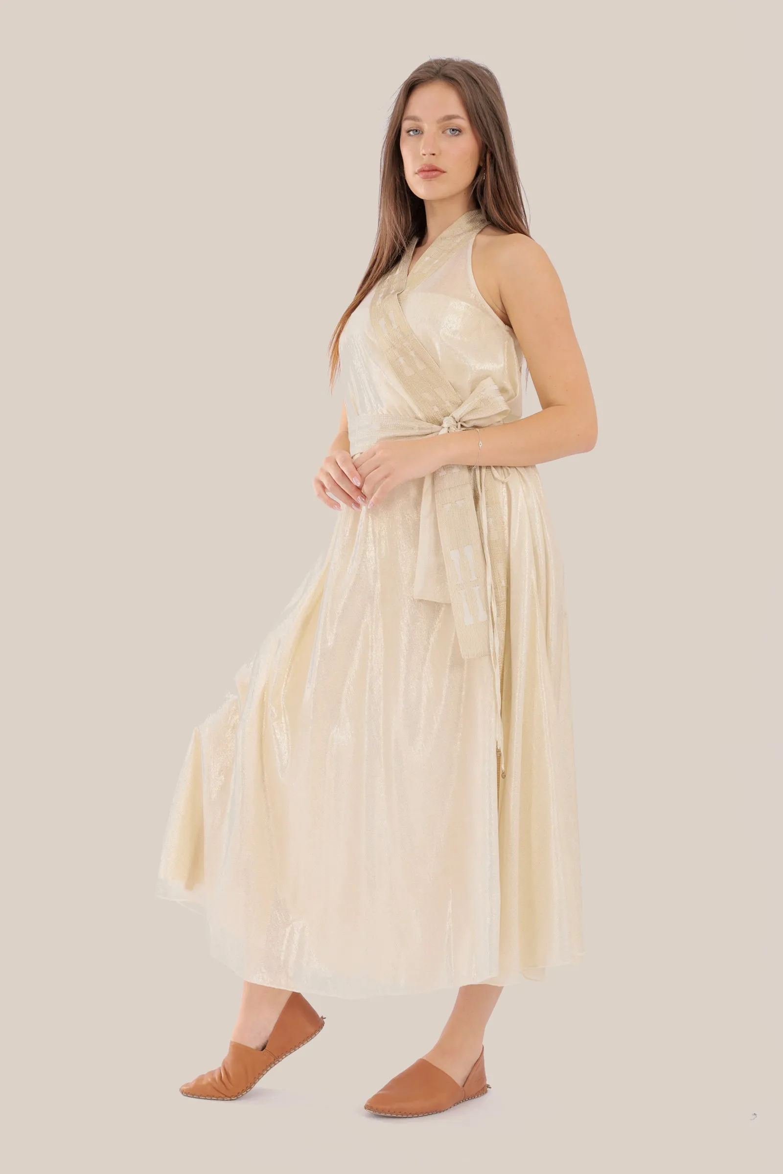 Long wrap doubleface dress in metallic foil voile