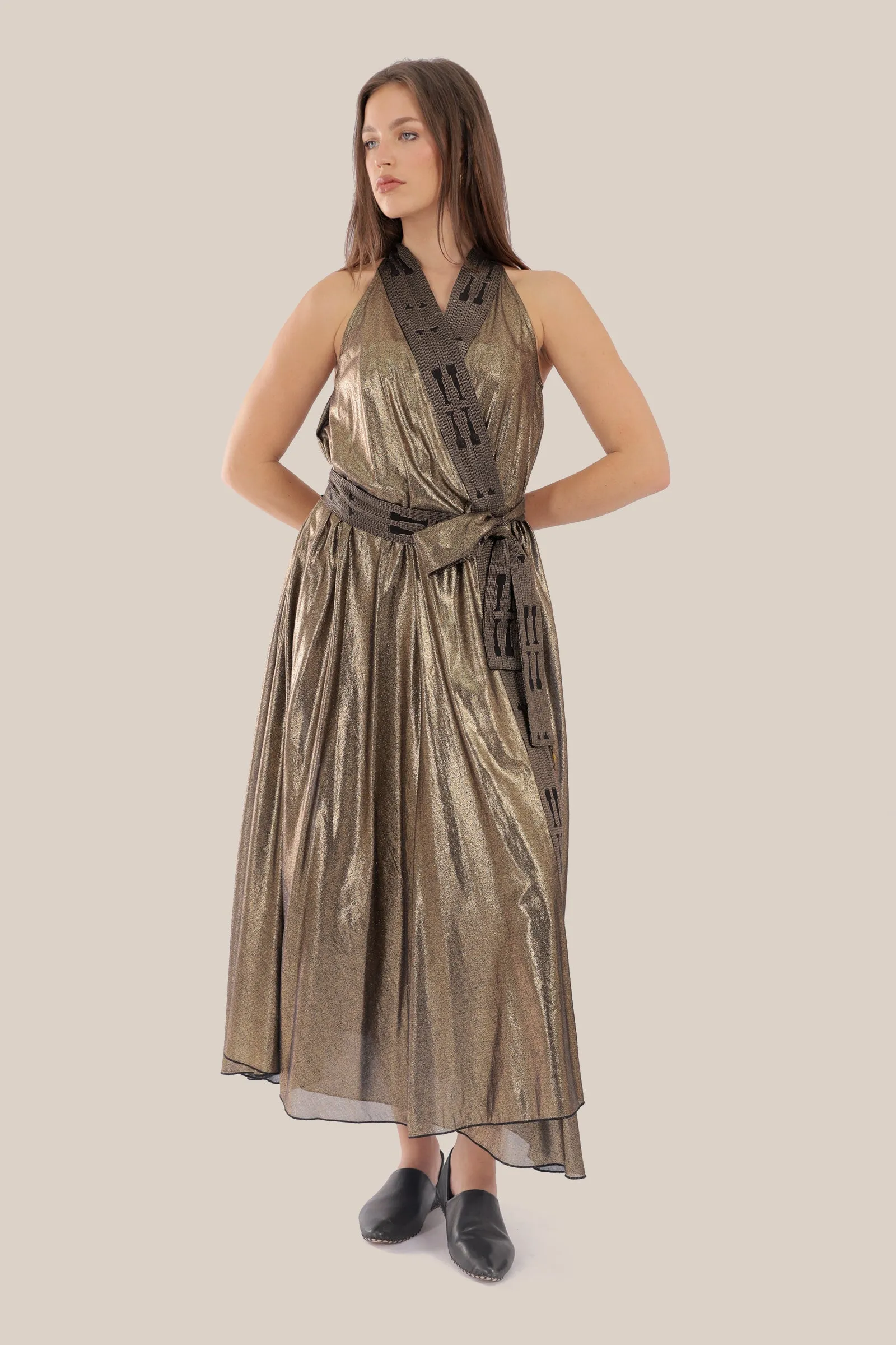 Long wrap doubleface dress in metallic foil voile