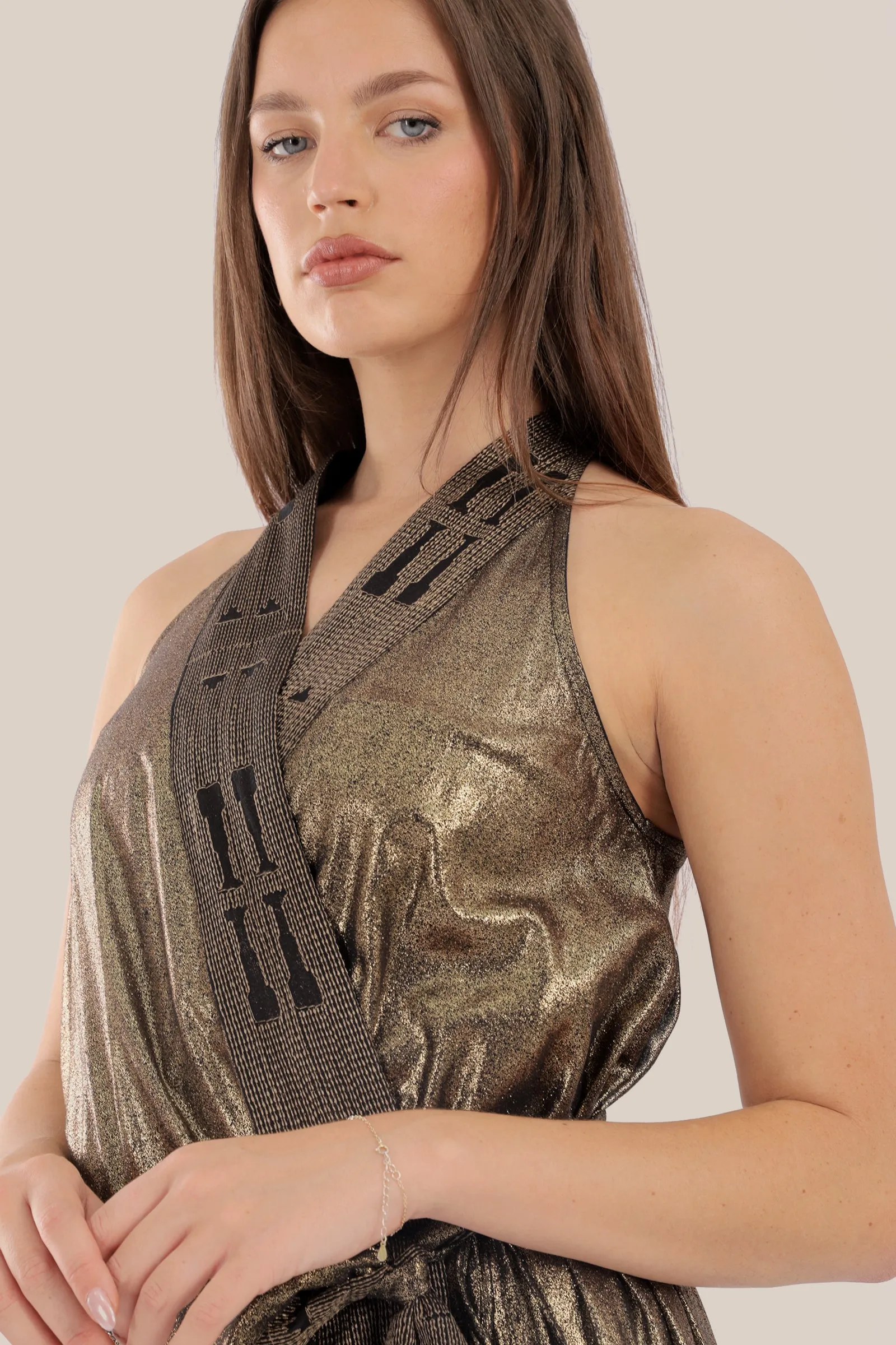 Long wrap doubleface dress in metallic foil voile