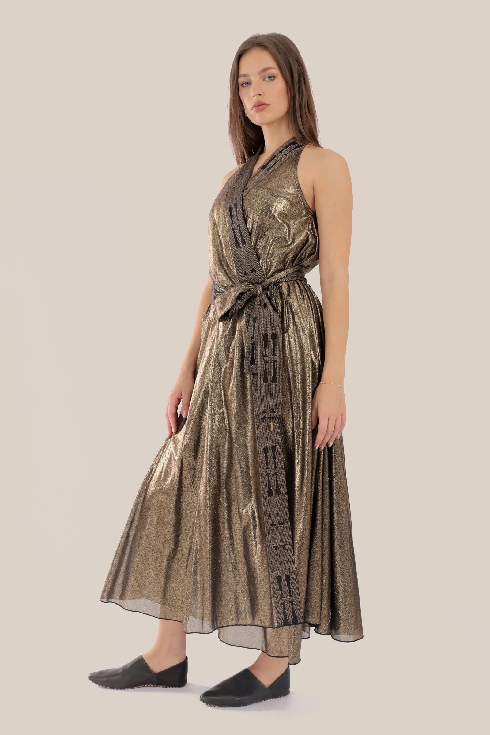 Long wrap doubleface dress in metallic foil voile