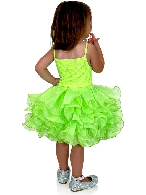 Marc Defang 5144 Size 5T Neon Green Short Crystal Cupcake Pageant Dress Layered Ruffle Girls Baby Kids Gown