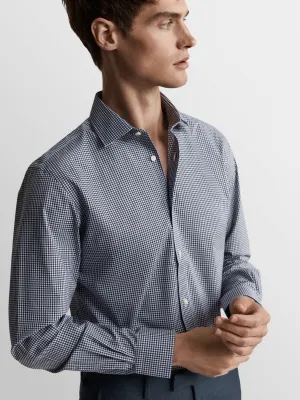 Max Performance Navy Blue Small Gingham Plain Weave Fitted Single Cuff Classic Collar Shirt