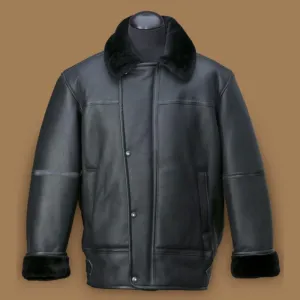 Men Black Aircraft Shearling Bomber Leather Jacket