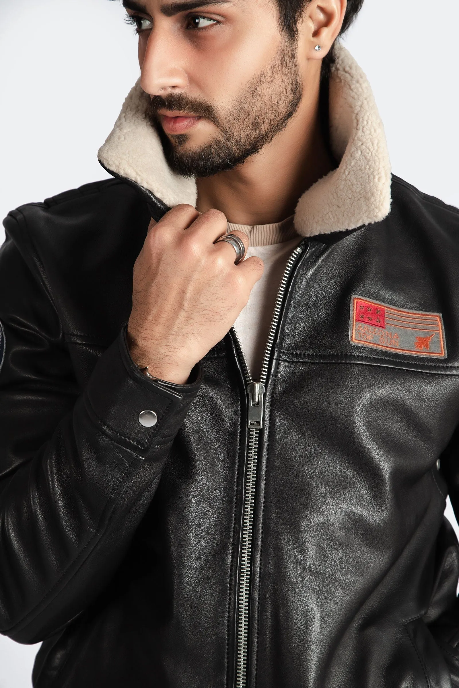 Mens Aviator Bomber Leather Jacket With Fur Collar High End Designer Quality - ELM1