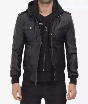 Mens Black Bomber Leather Jacket with removable hood