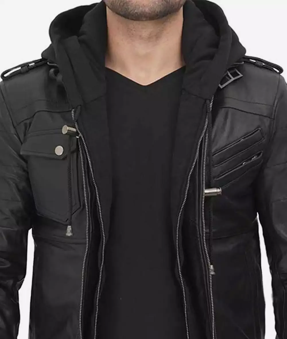 Mens Black Bomber Leather Jacket with removable hood