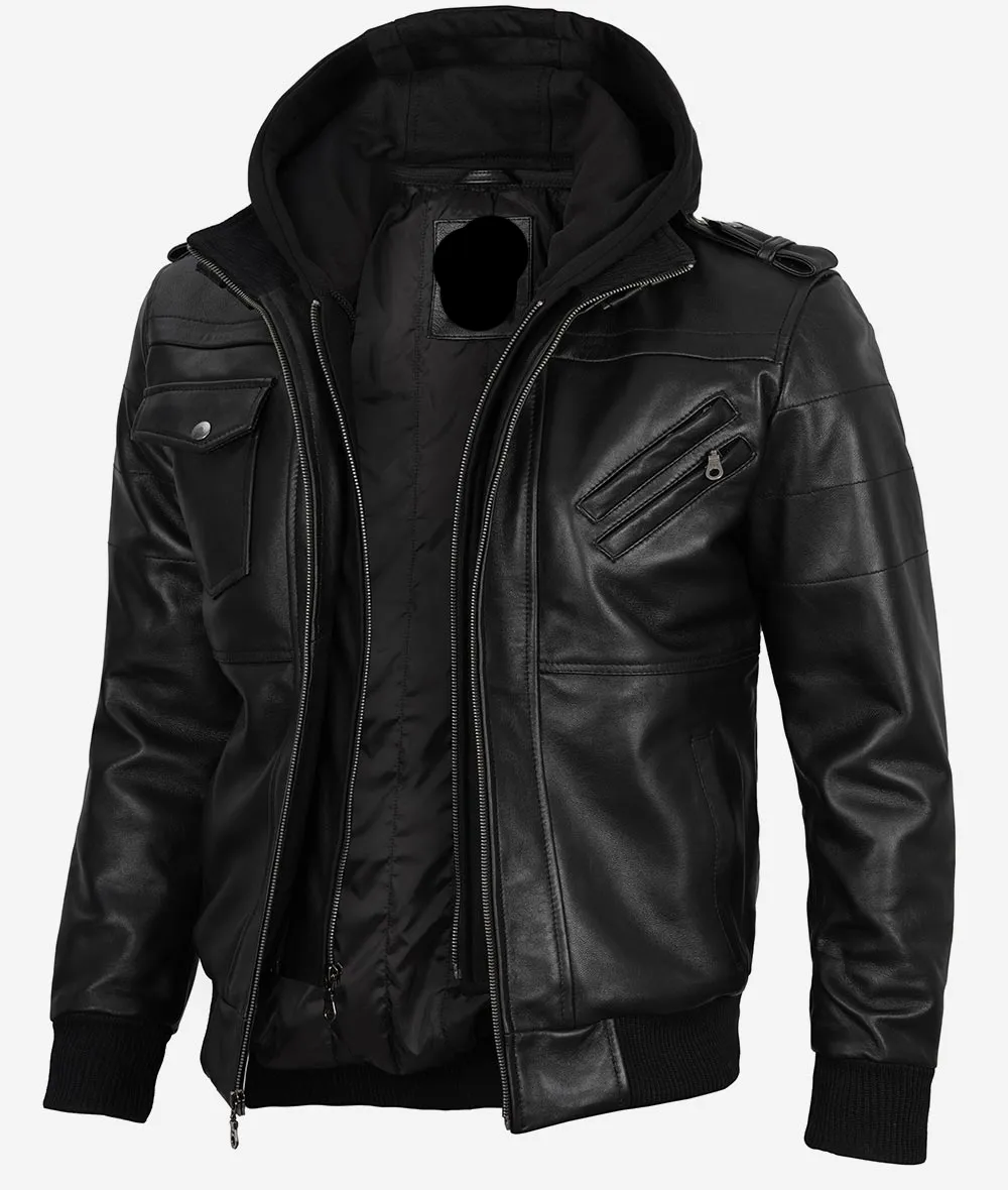 Mens Black Bomber Leather Jacket with removable hood