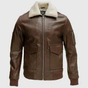 Mens Brown Leather Aviator Flight Jacket with Shearling Fur Collar