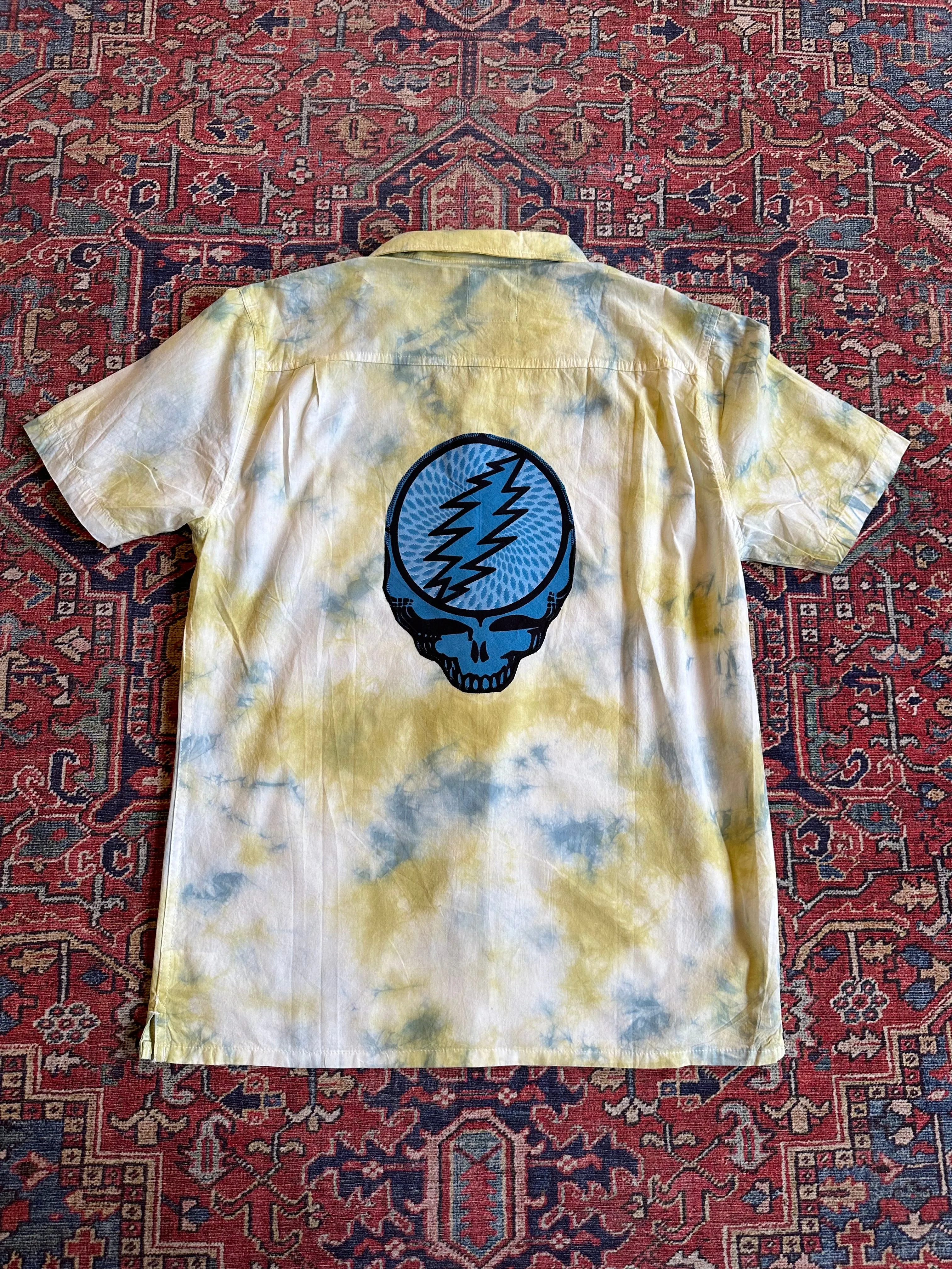 Mens Medium Upcycled Grateful Dead Inspired Tie Dye Button Up Shirt