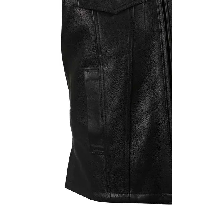 Men's Motorcycle Club Leather Vest With Fold Collar & Hidden Snaps