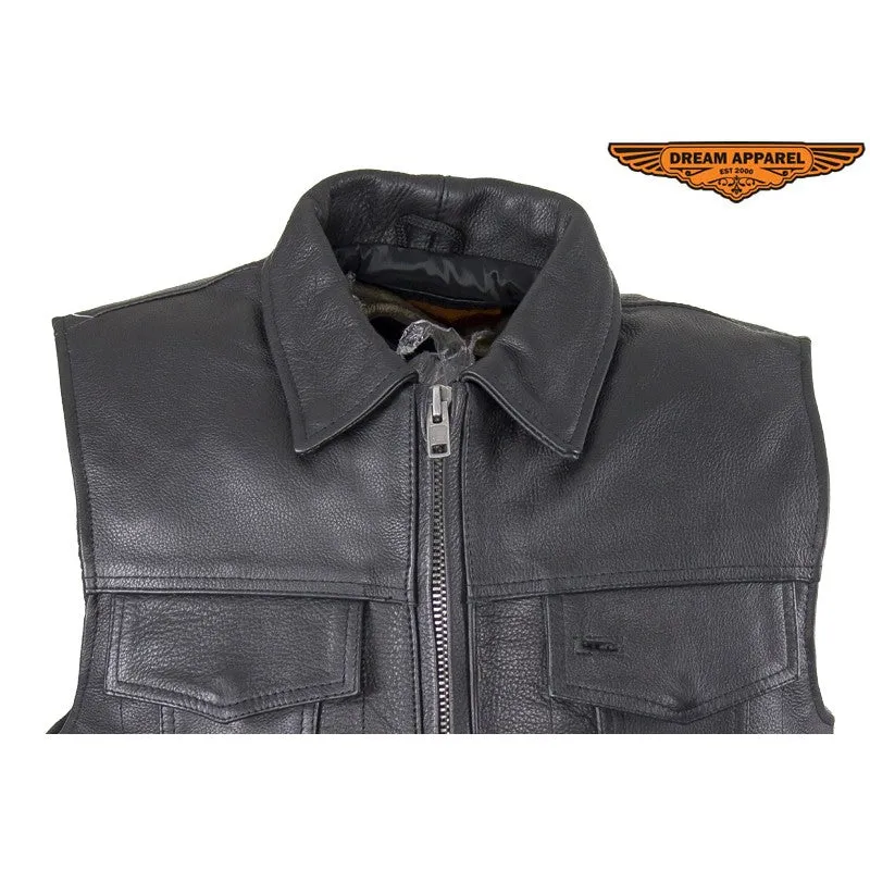 Men's Motorcycle Club Leather Vest With Fold Collar & Hidden Snaps