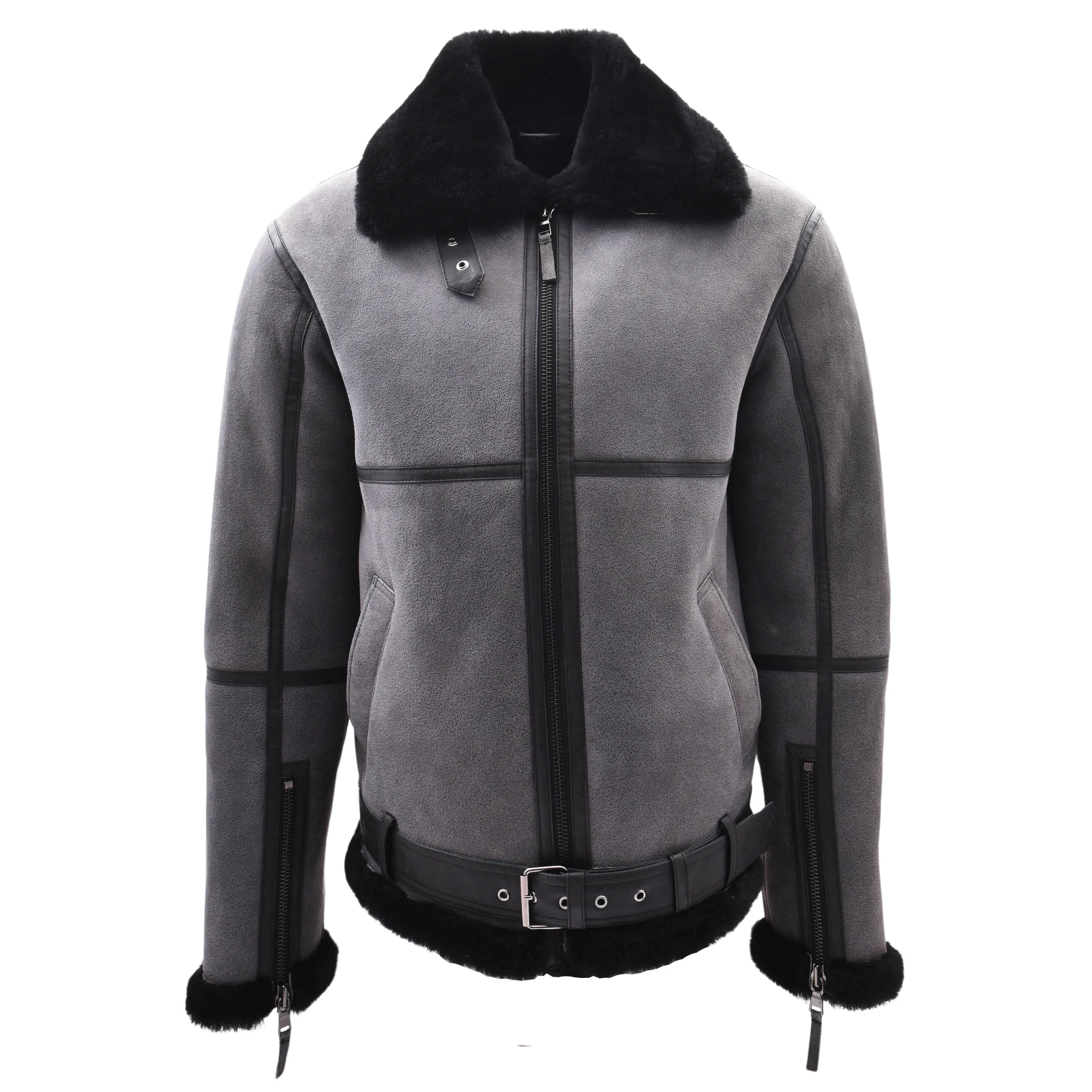 Mens Real Sheepskin Flying Jacket Grey RAF Bomber B3 Aviator Black Shearling Tornado