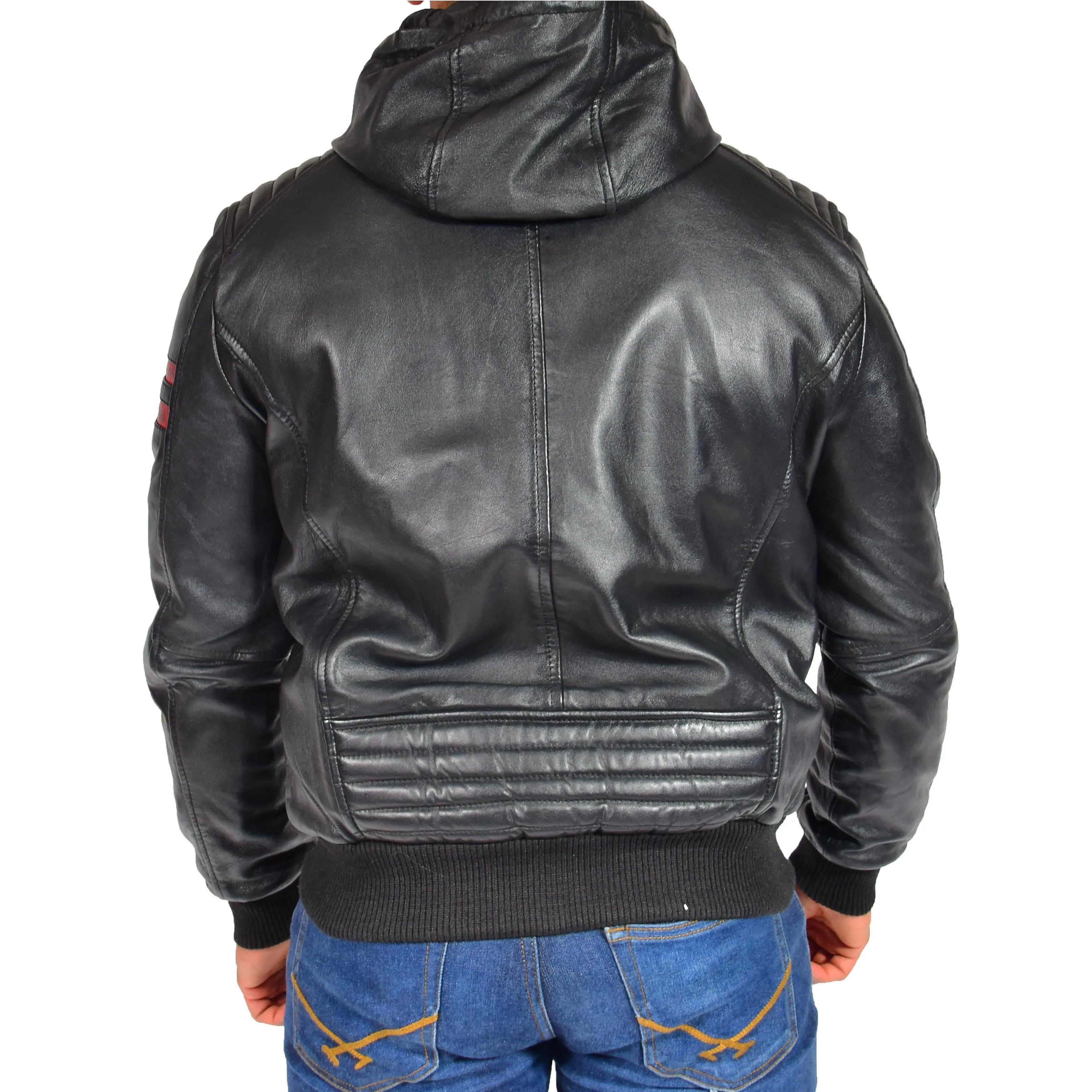 Mens Trendy Leather Hoody Black Fitted Soft Lambskin Bomber Jacket Dante