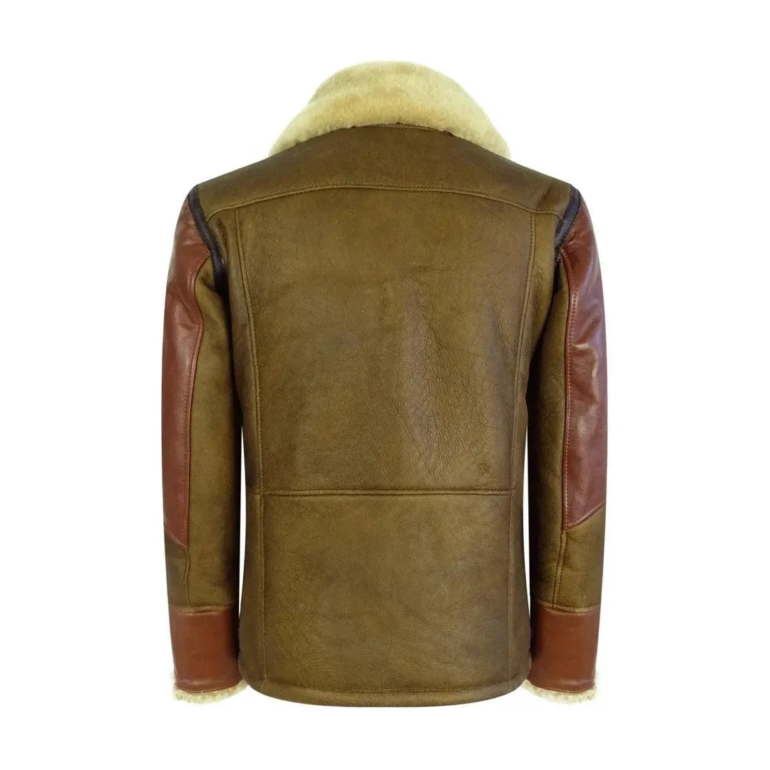 Mens Vintage Tan Real Sheepskin Cross Zip Flying Jacket Pilot Flight Ginger Belt