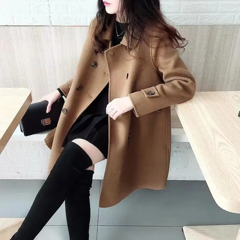 Mid-Length Woolen Loose Fit Thickened Peacoat