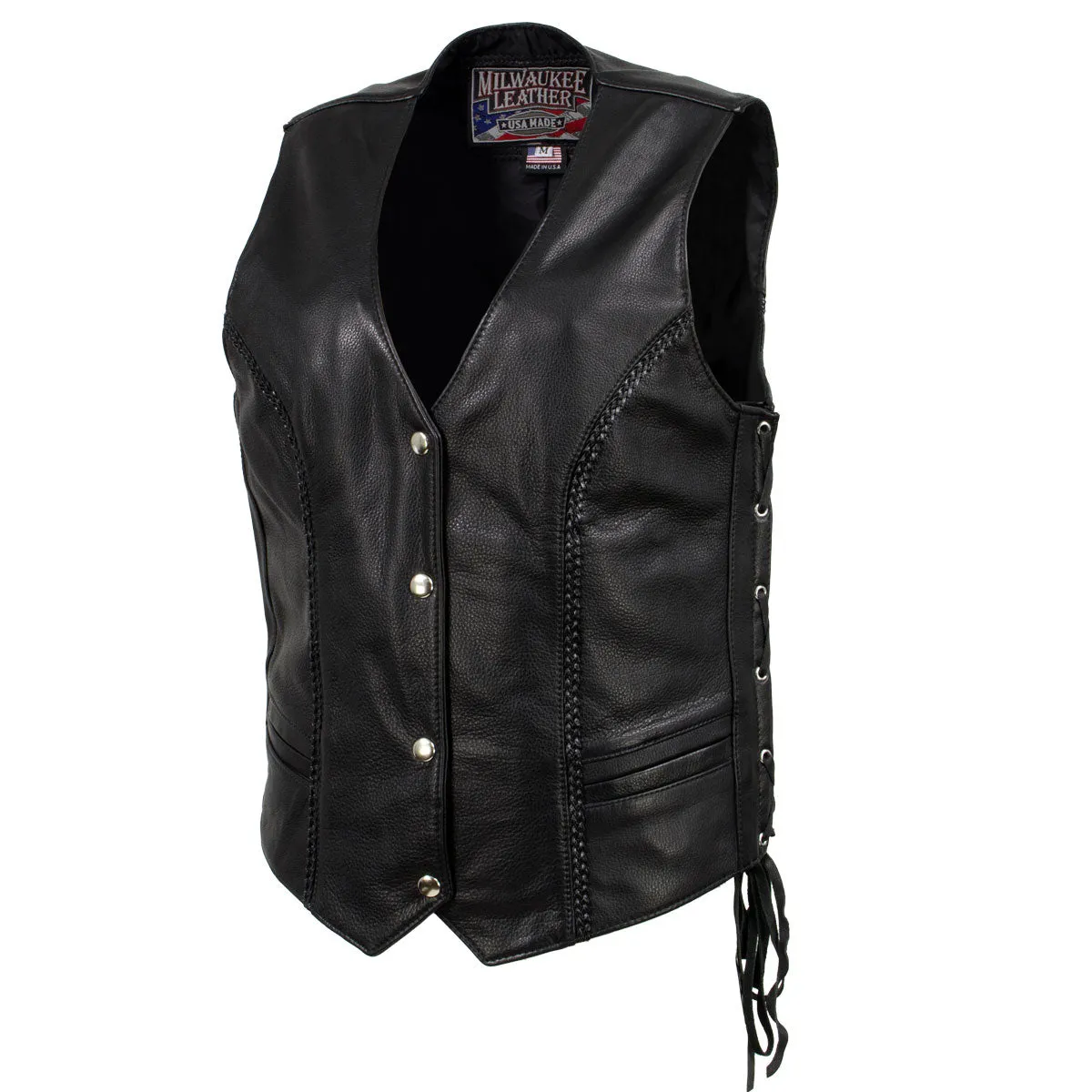 Milwaukee Leather USA MADE MLVSL5001 Women's Black 'Vivacious' Braided Motorcycle Leather Vest