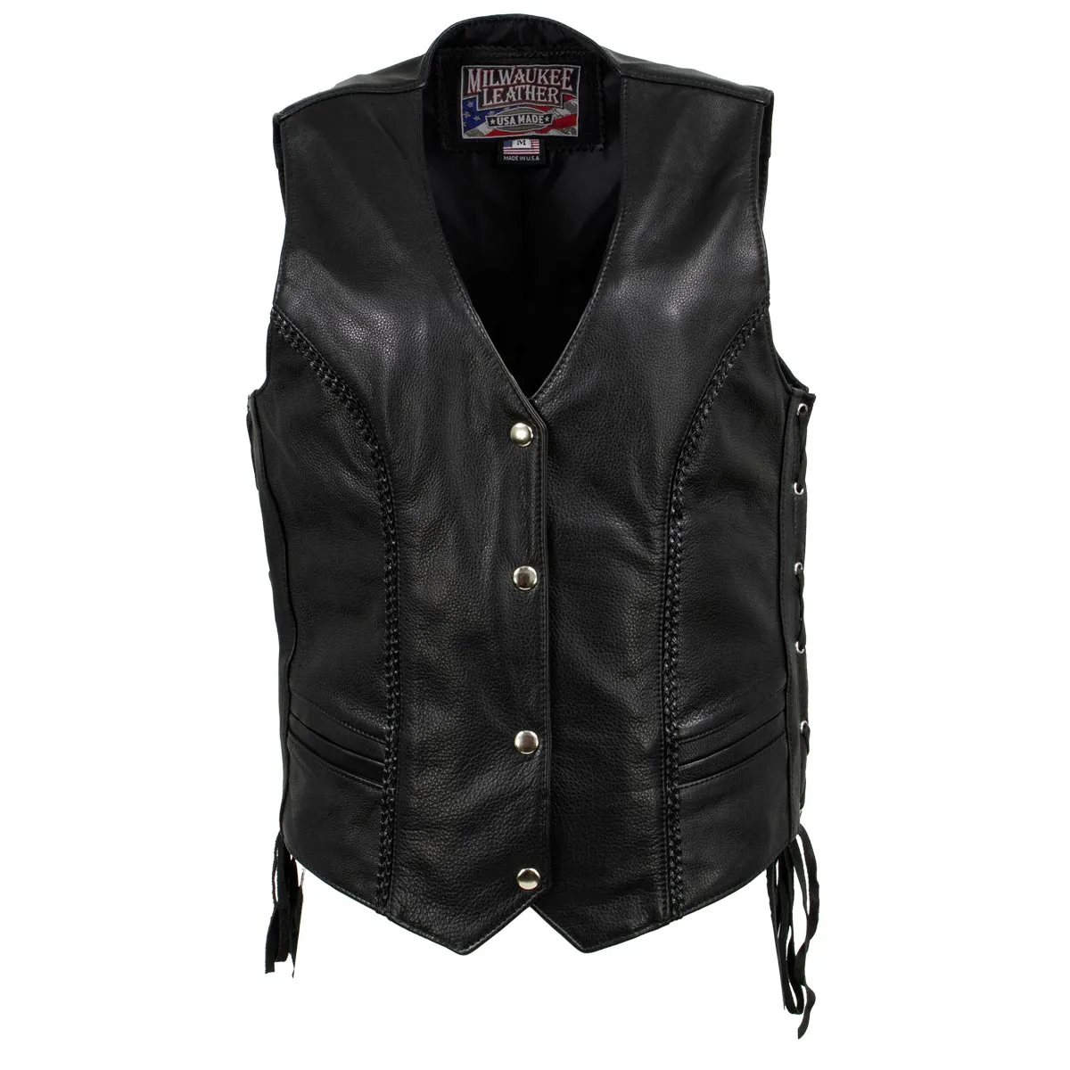 Milwaukee Leather USA MADE MLVSL5001 Women's Black 'Vivacious' Braided Motorcycle Leather Vest