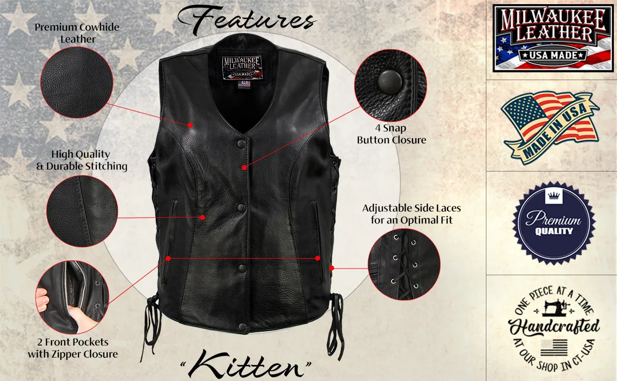 Milwaukee Leather USA MADE MLVSL5002 Women's Black 'Kitten' Leather Motorcycle Vest with Side Laces