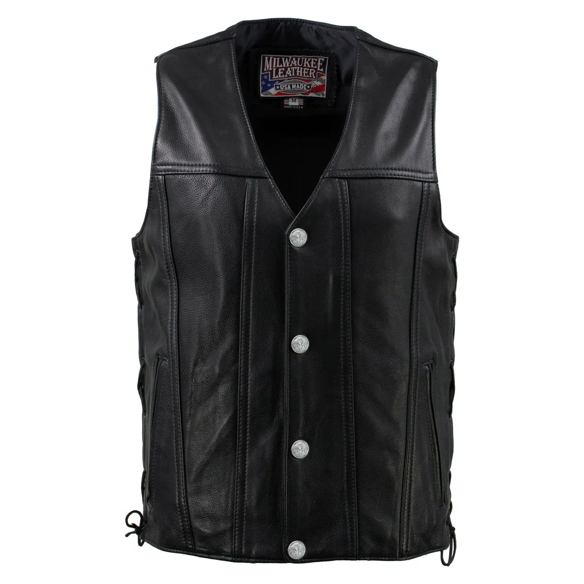 Milwaukee Leather USA MADE MLVSM5005 Men's Black 'Road Whip' Premium Motorcycle Leather Vest with Buffalo Snap Buttons