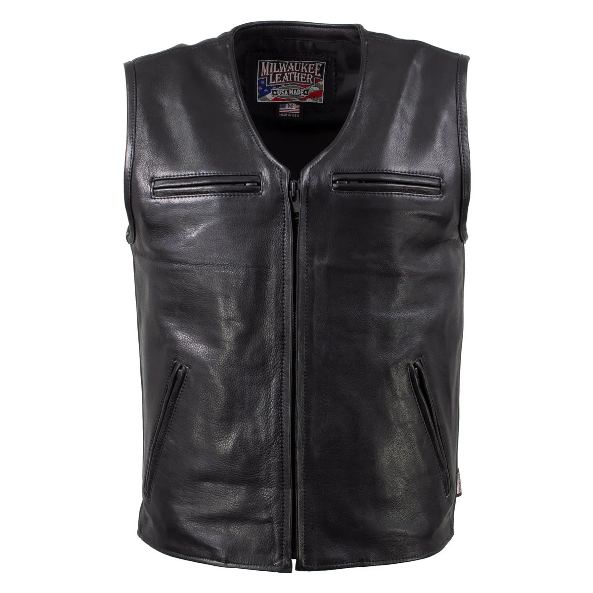 Milwaukee Leather USA MADE MLVSM5009 Men's Black 'Slinger' V-Neck Motorcycle Premium Leather Zippered Vest