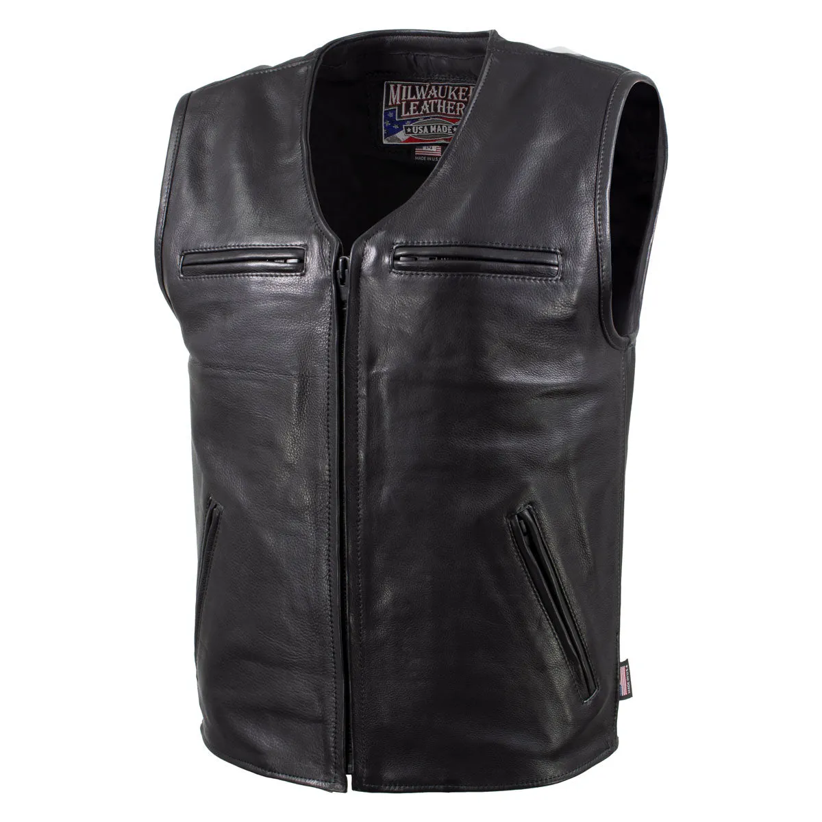 Milwaukee Leather USA MADE MLVSM5009 Men's Black 'Slinger' V-Neck Motorcycle Premium Leather Zippered Vest