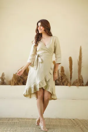 Natural Linen Wrap Dress with Frills & Waist Belt | Long Sleeve Linen Midi Dress with Pockets