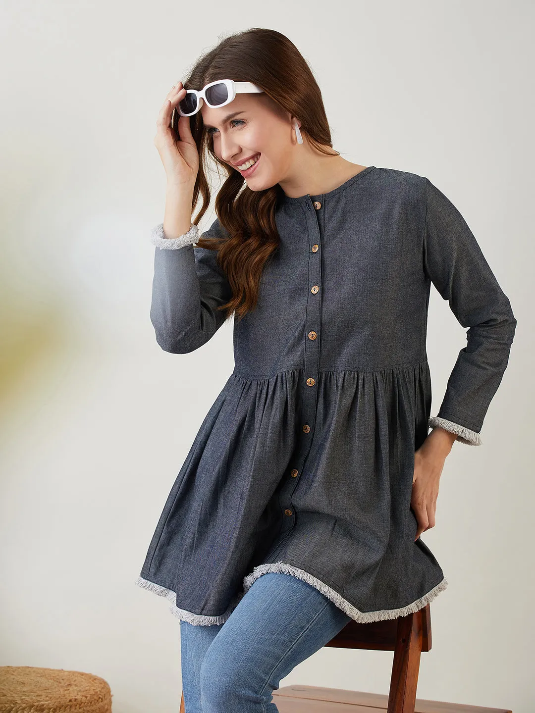 Navy Blue Button Down Denim Top