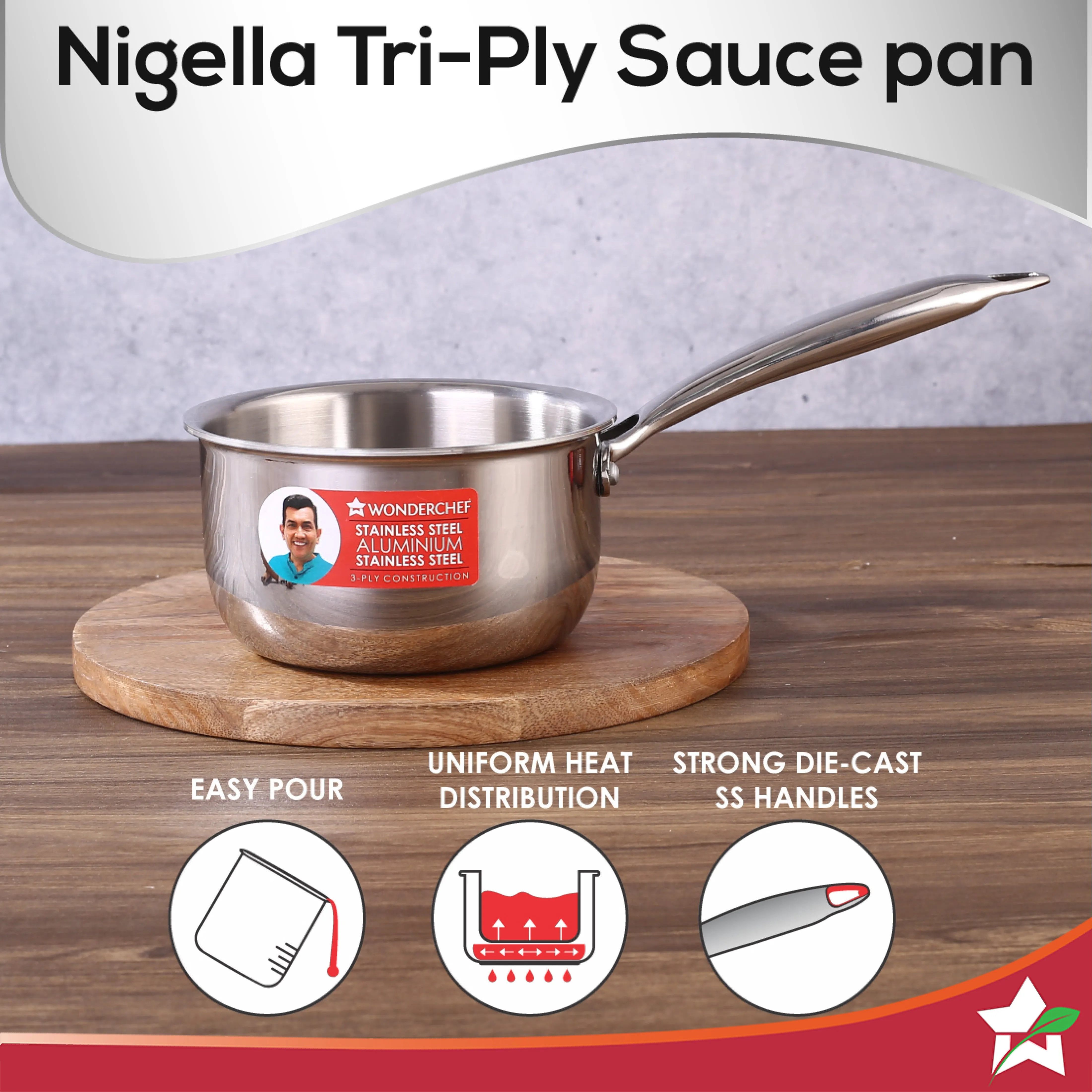 Nigella Tri-Ply 14 cm Sauce Pan | 1.2 Liters | 2.5 mm Thickness | Silver | 10 Years Warranty