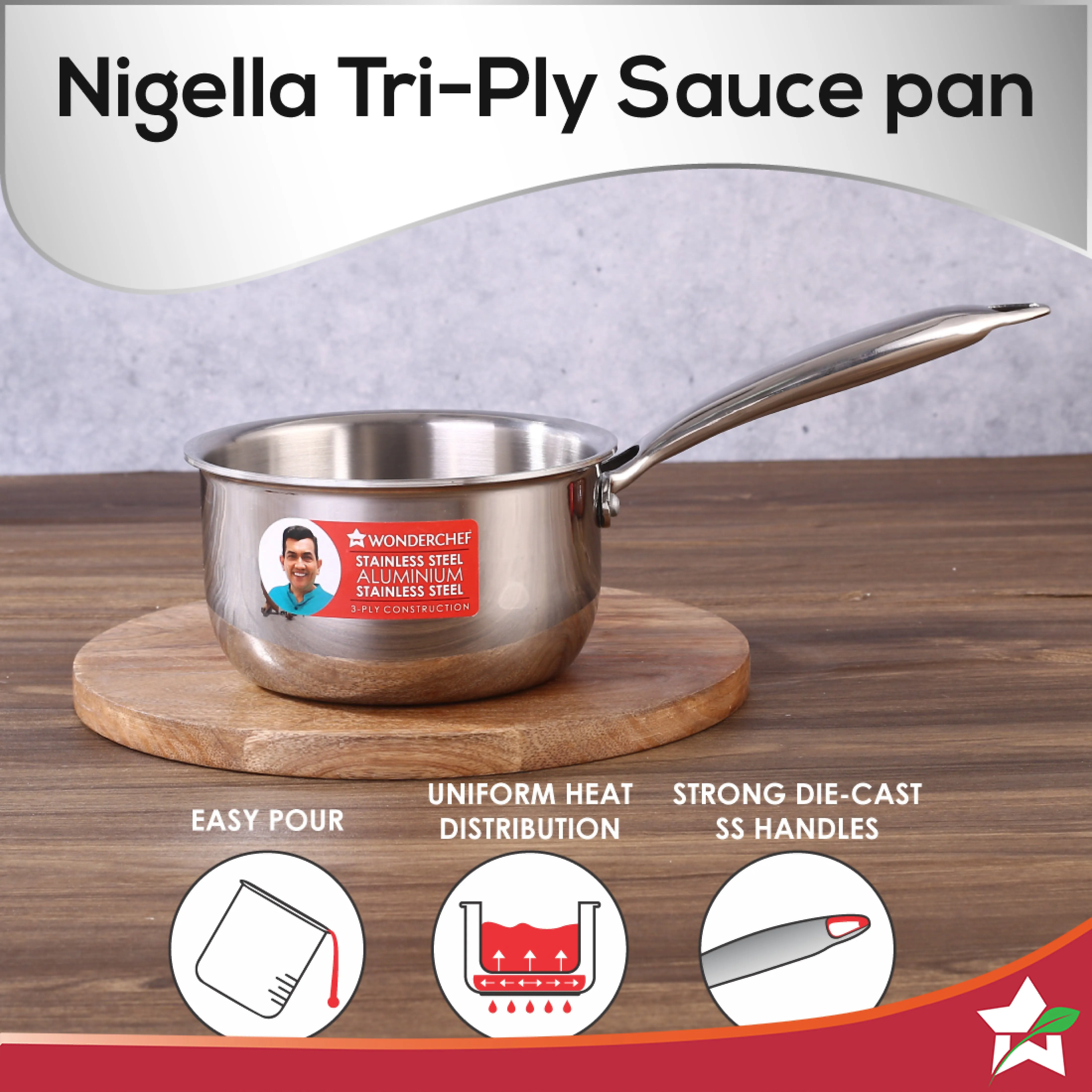 Nigella Tri-ply Stainless Steel 16 cm Sauce Pan | 1.5 Liters | 2.6mm Thickness | Silver