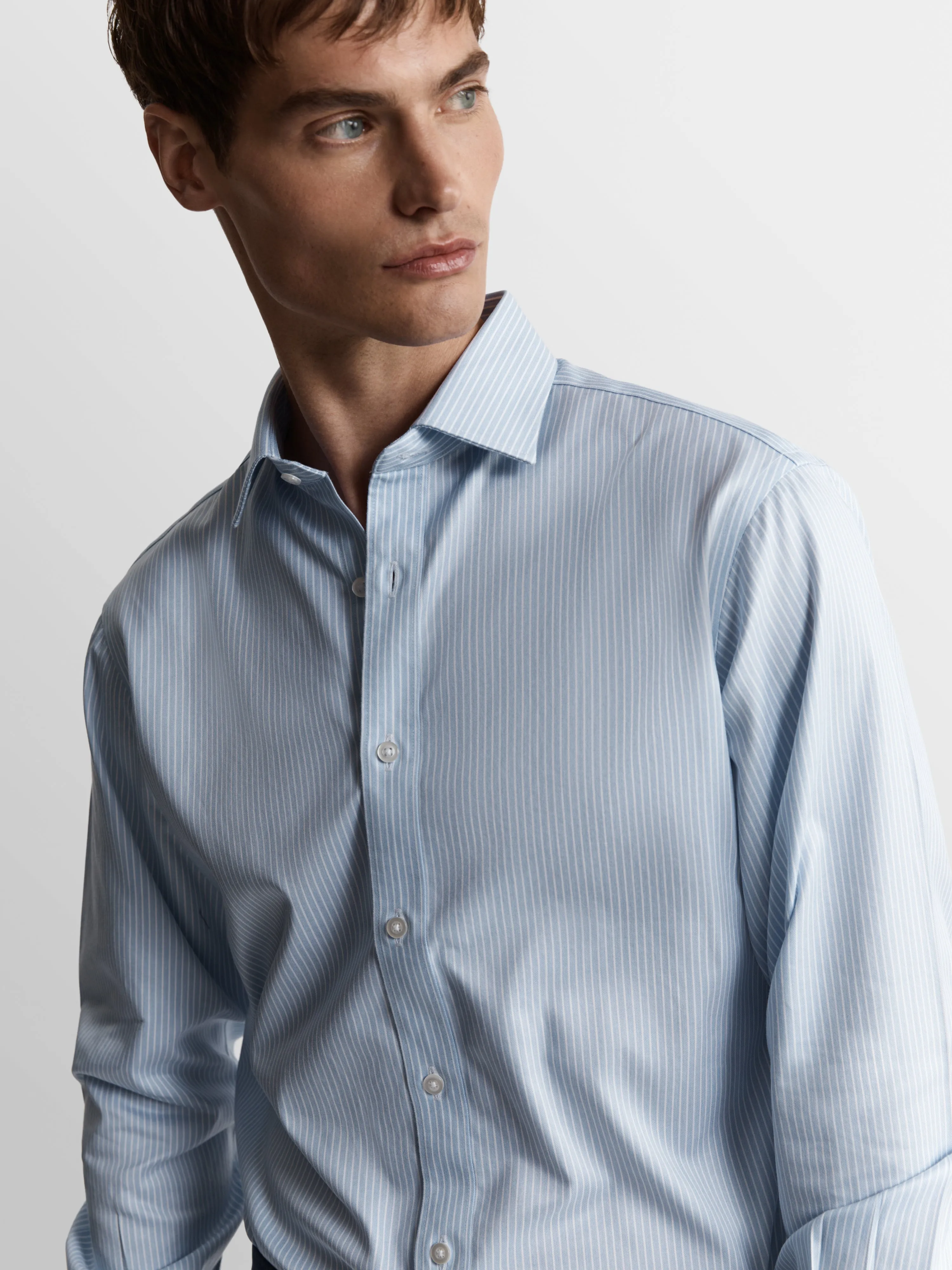 Non-Iron Blue Chalk Stripe Twill Fitted Dual Cuff Classic Collar Shirt