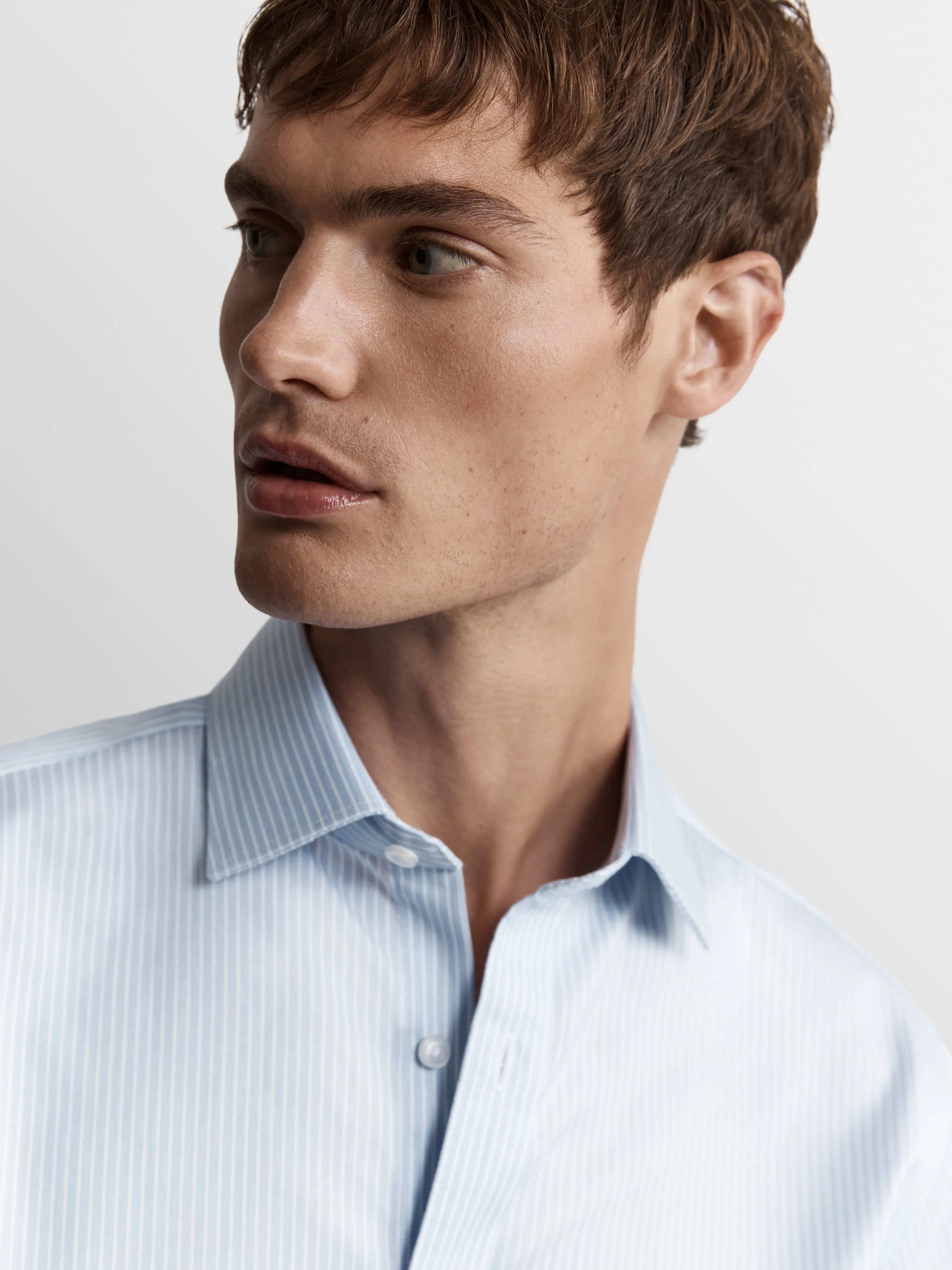 Non-Iron Blue Chalk Stripe Twill Fitted Dual Cuff Classic Collar Shirt