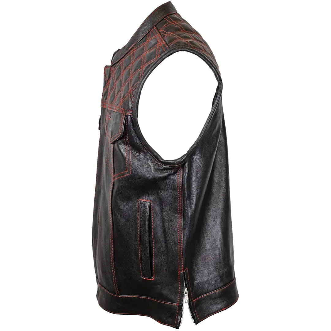 Open Road Men's Upside Leather with Red Stitched Diamonds  Vest