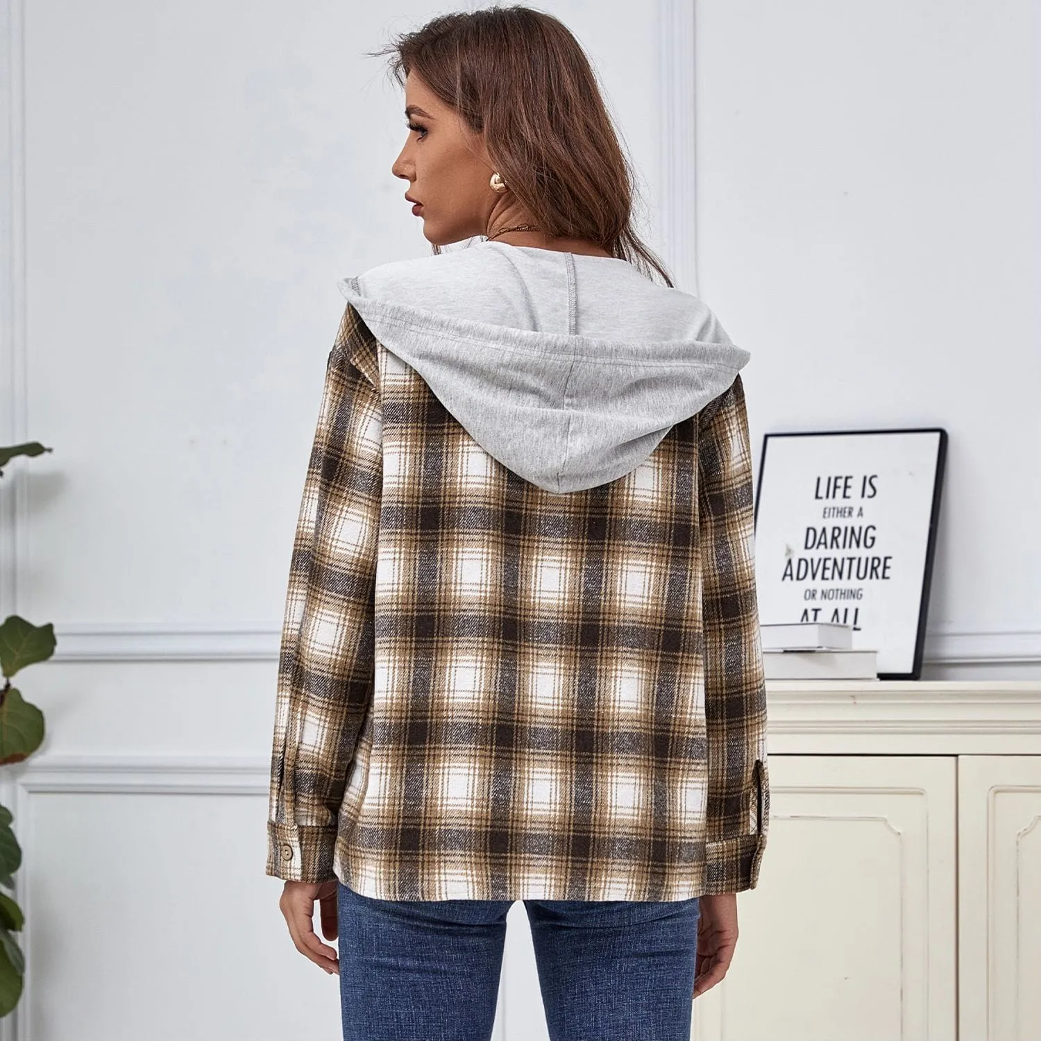 Plaid Hooded Button Down Jacket