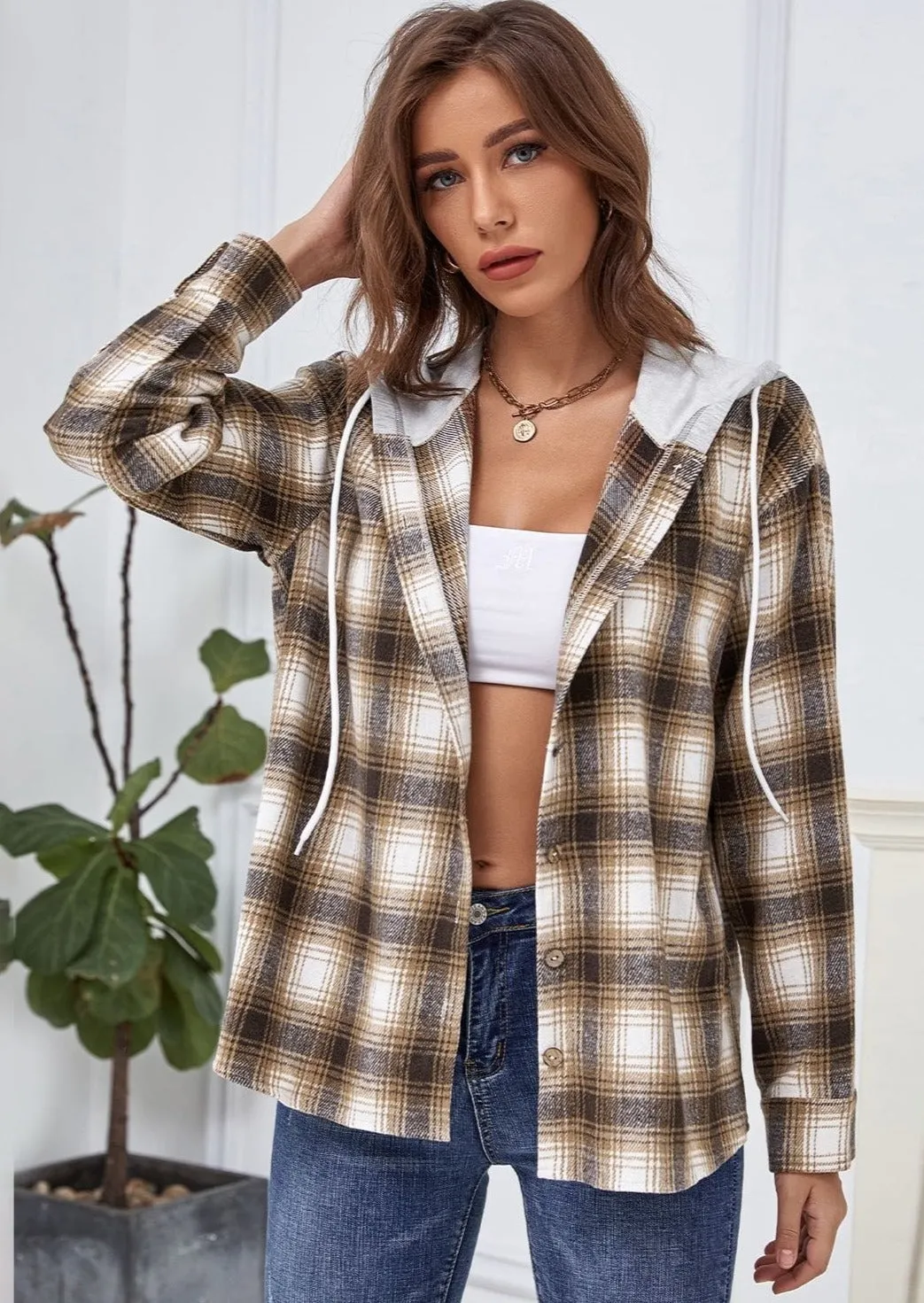 Plaid Hooded Button Down Jacket