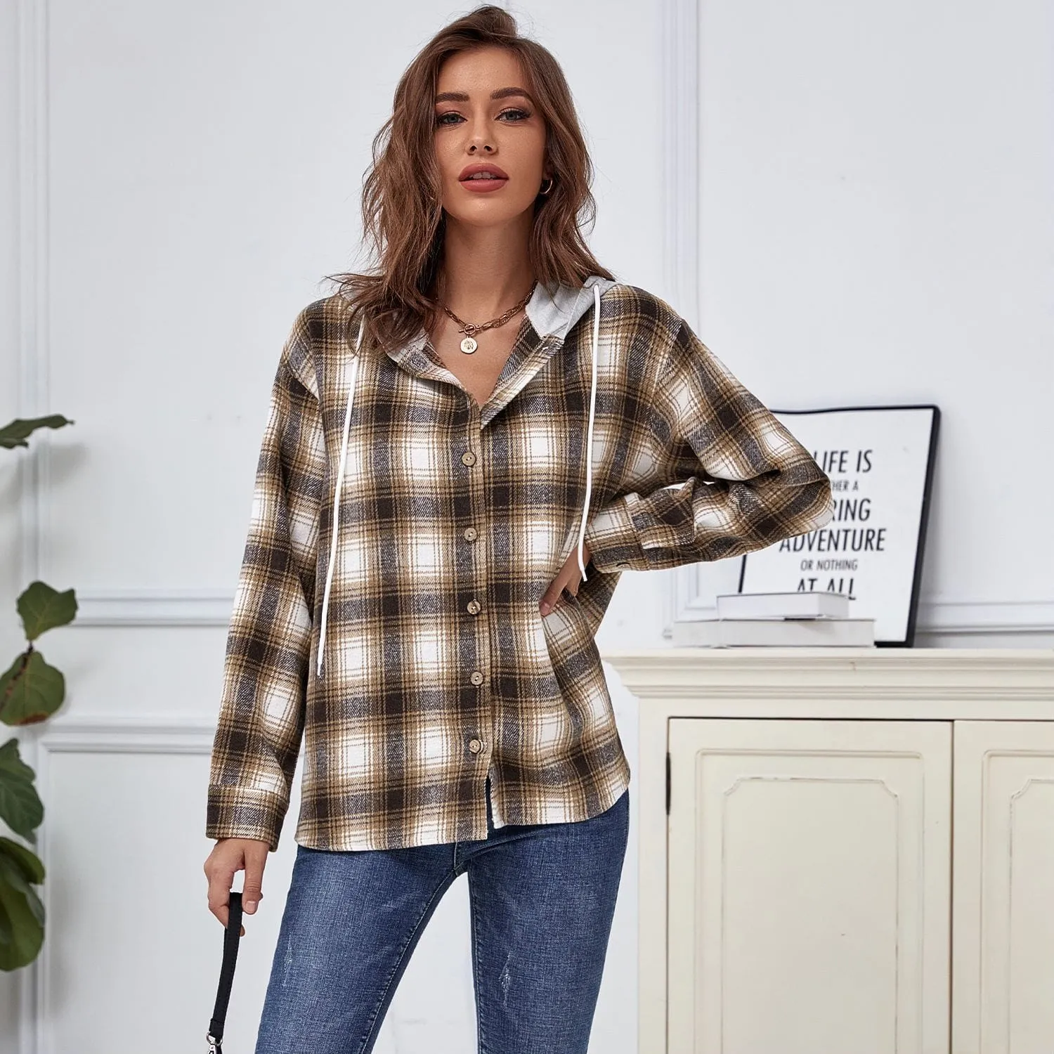 Plaid Hooded Button Down Jacket