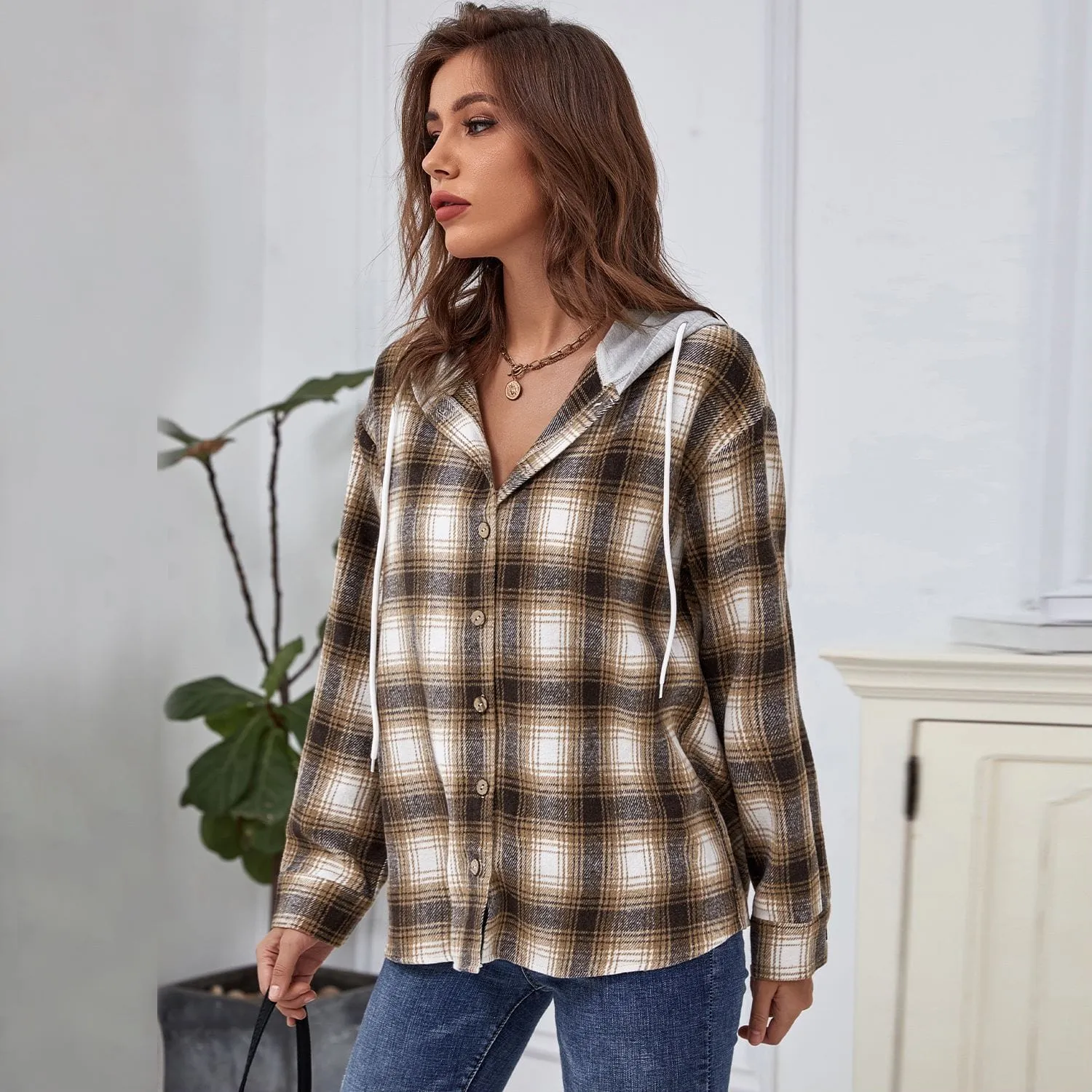 Plaid Hooded Button Down Jacket