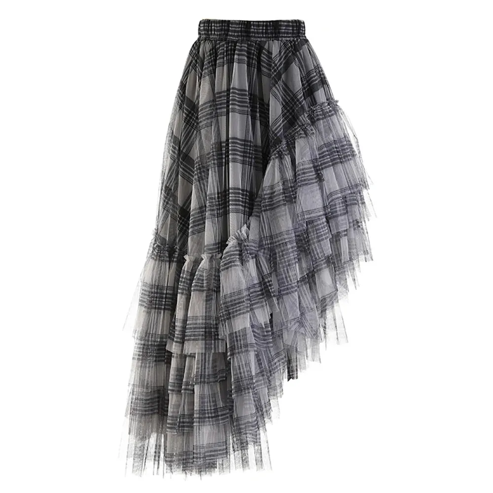 Plaid Irregular Skirt For Women High Waist A Line Loose Vintage Asymmetrical Hem Skirts Female Summer Clothing