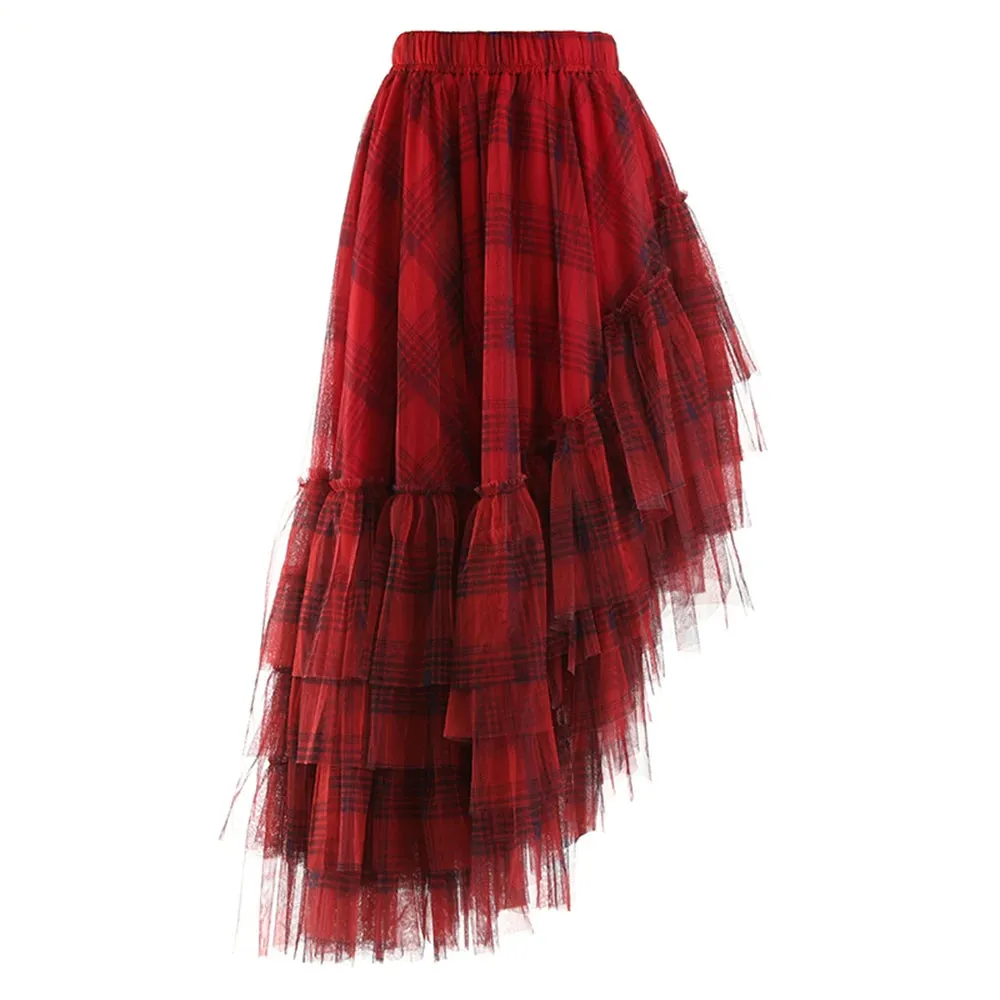 Plaid Irregular Skirt For Women High Waist A Line Loose Vintage Asymmetrical Hem Skirts Female Summer Clothing